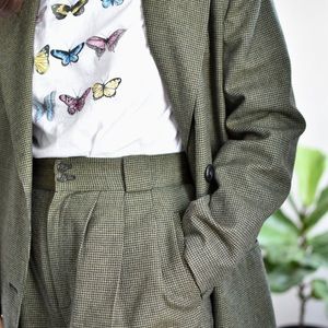 Matching green houndstooth wool blazer and trousers set